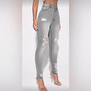 High-Waisted Distressed Gray Skinny Jeans